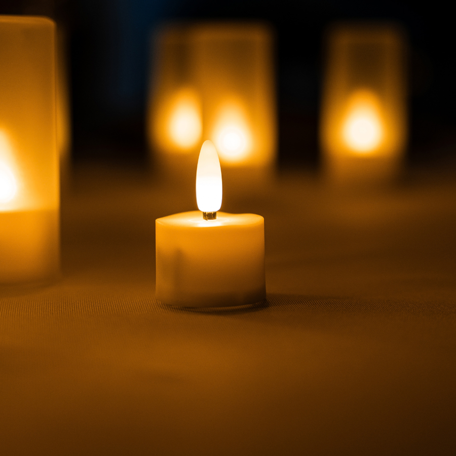 Close-up van een brandend Akaro waxinelichtje op een tafelkleed