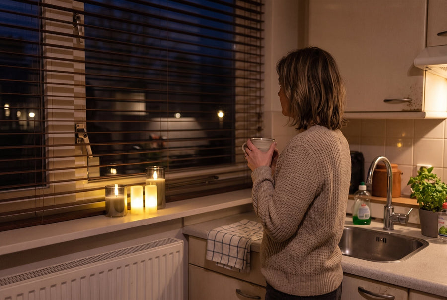 Woonkamer 's avonds volledig verlicht door Akaro kaarsen