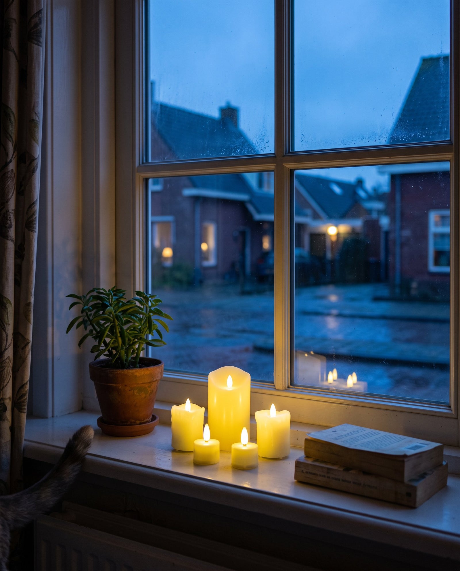 Vrouw zet Akaro waxinelichtjes klaar op een marmeren bijzettafel in een donkere kamer