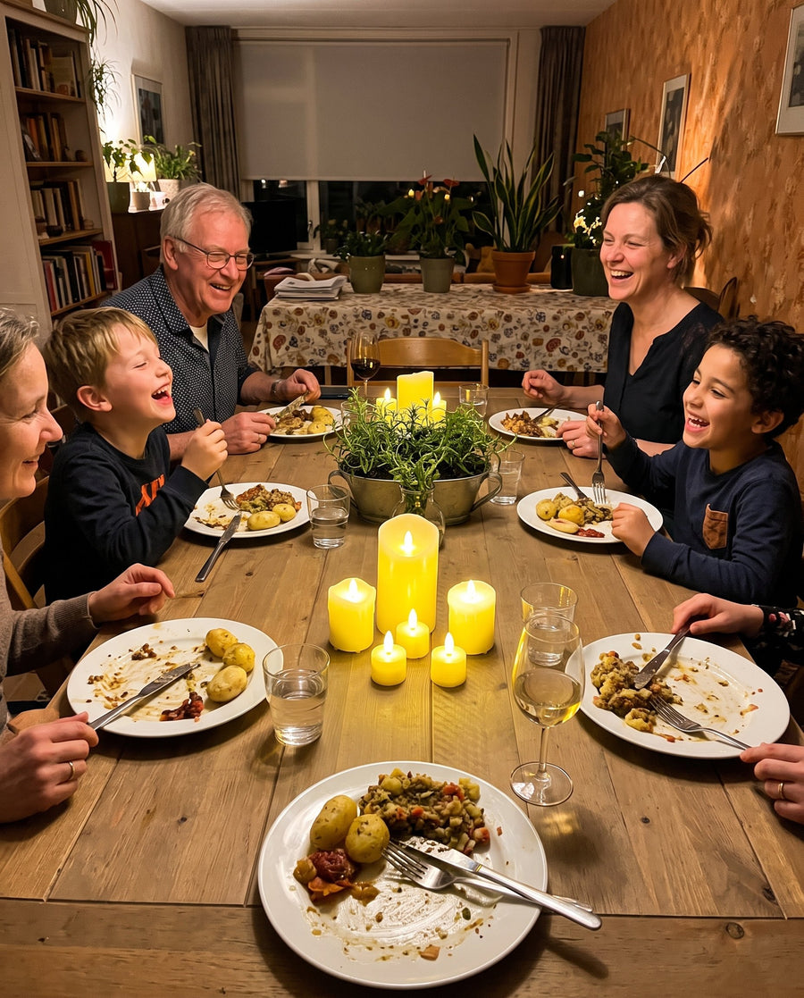 Klantfoto van een familiediner met Akaro waxinelichtjes op tafel