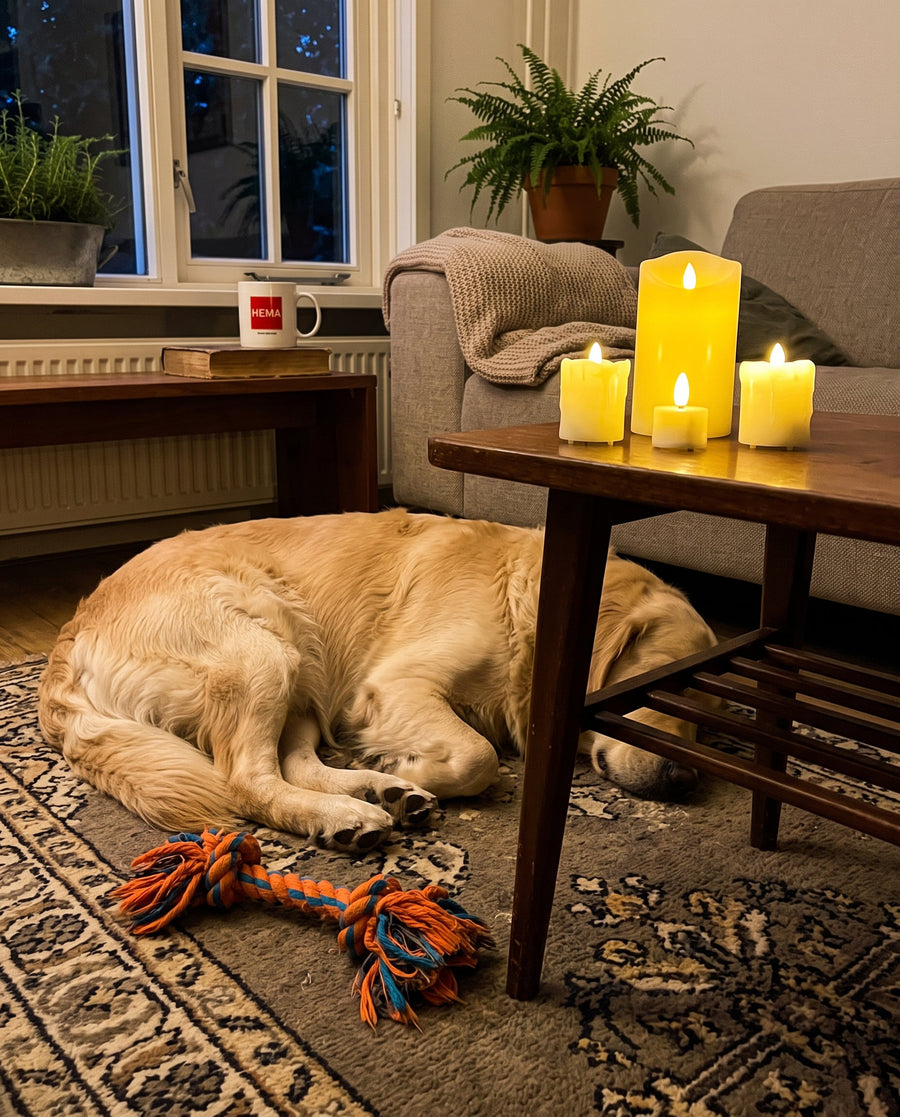 Klantfoto van een slapende hond bij brandende Akaro kaarsen