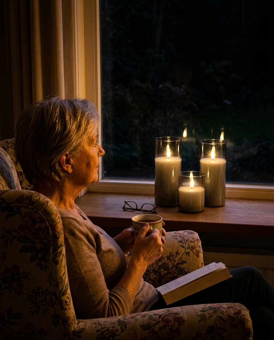 Vrouw leest met een kop thee in een stoel, Akaro kaarsen branden in de vensterbank
