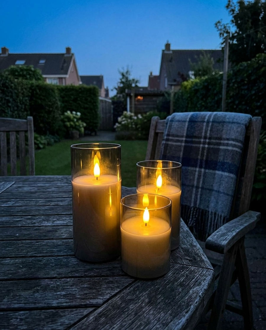 Akaro kaarsen met glas op een tuintafel in de schemering