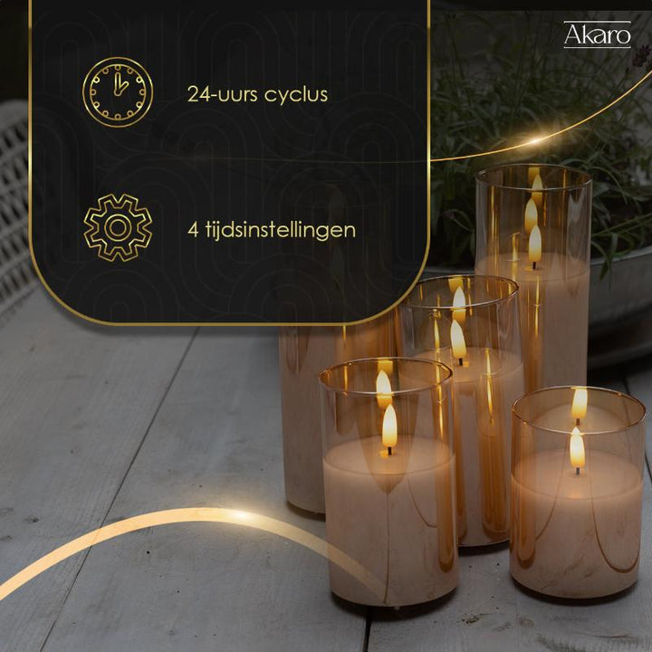 Set van 5 oplaadbare led kaarsen met goud glas met afstandsbediening. Oplaadbare kaarsen met timer. 
