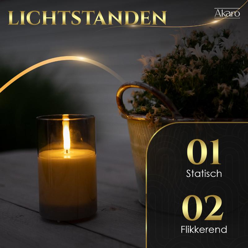 Set van 3 oplaadbare led kaarsen met grijs glas. Flikkerende kaars oplaadbaar met bewegende vlam. 