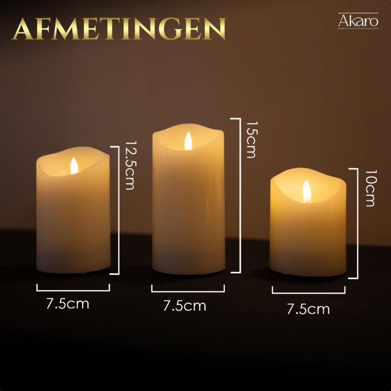 Set van 3 oplaadbare led kaarsen	 afmetingen. Kleine kaars en grote kaars. 
