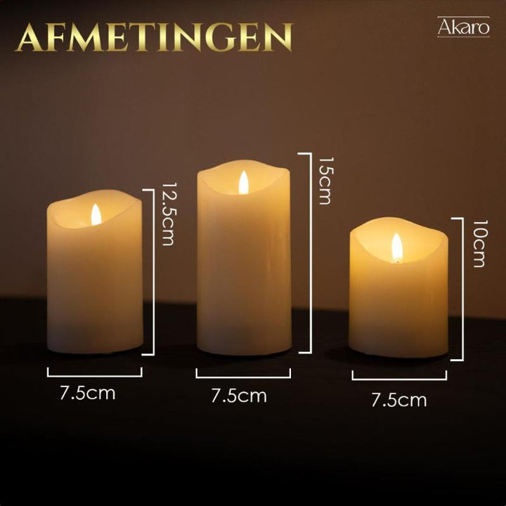 Set van 3 oplaadbare led kaarsen	 afmetingen. Kleine kaars en grote kaars. 