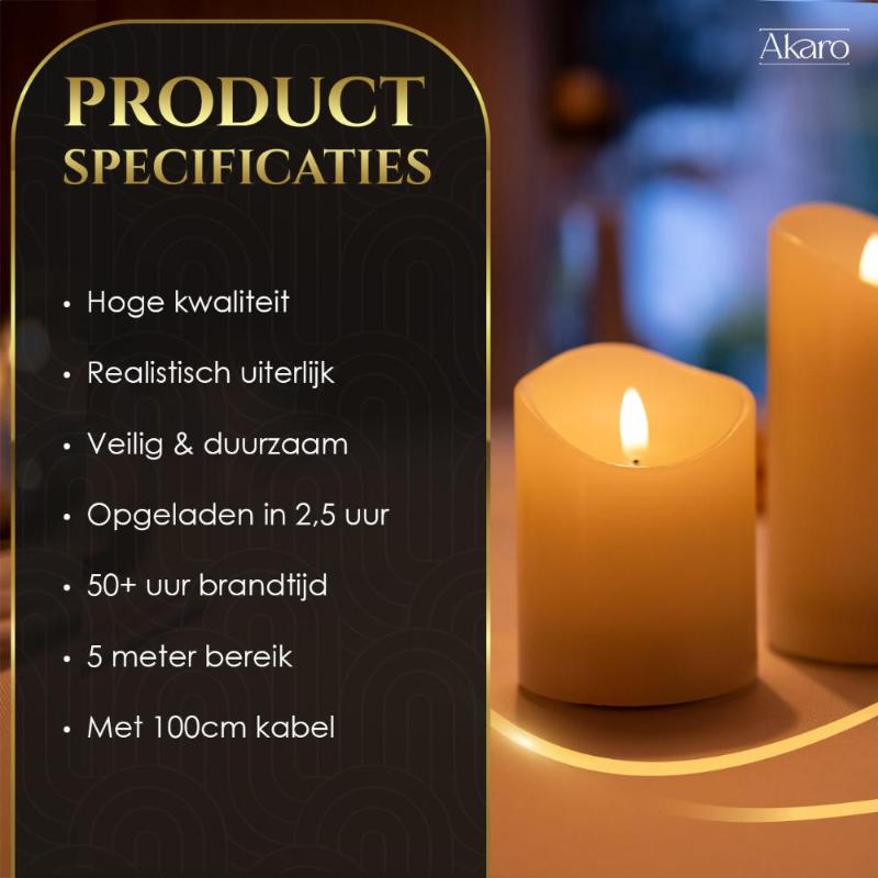 Set van 3 oplaadbare led kaarsen. Realistische led kaarsen met lange brandtijd. 